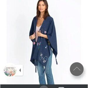 Johnny Was Blue Embroidered Butterflies Open Cape Cotton Cashmere Knit Shawl OS